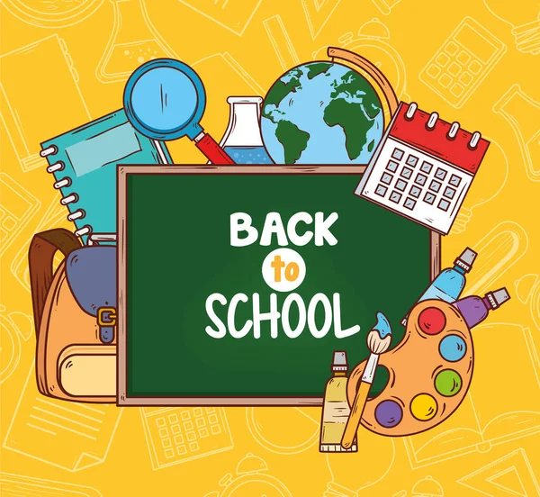Volver a la pancarta de la escuela con pizarra y suministros de educación — Vector de stock