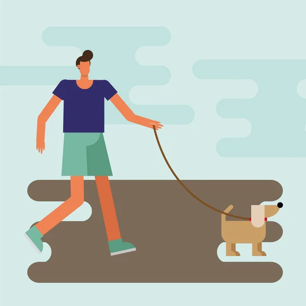 Joven hombre caminando con perro mascota carácter — Vector de stock