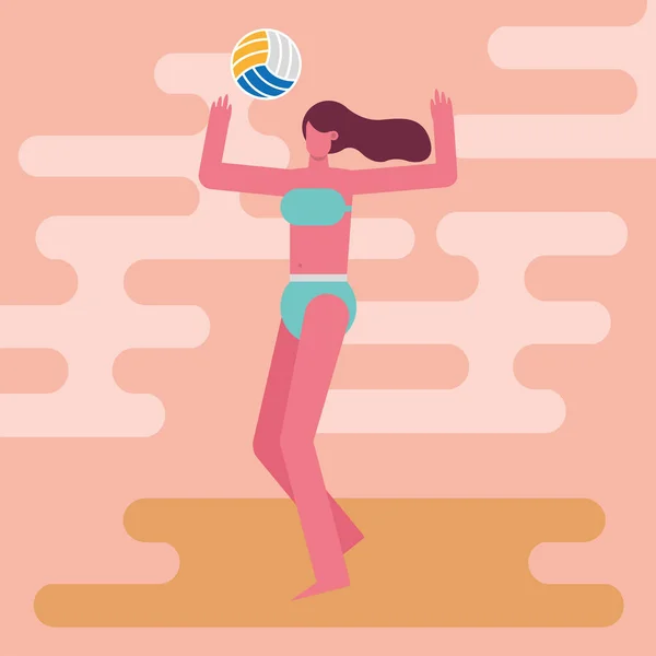 Joven mujer usando traje de baño jugando voleibol carácter — Archivo Imágenes Vectoriales