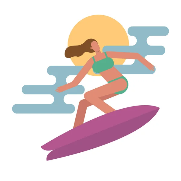 Joven mujer usando traje de baño surf carácter — Vector de stock