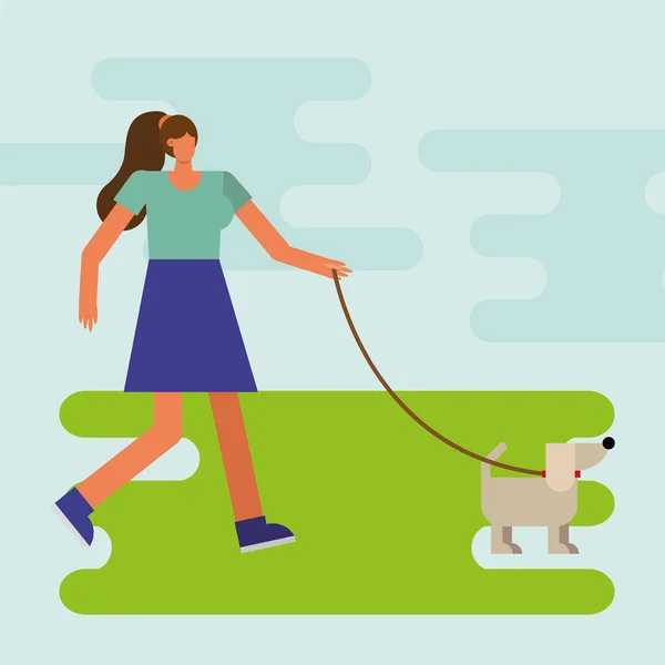 Young woman walking with pet practicing activity character — Stock Vector