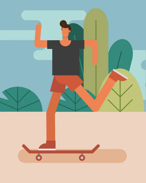 Jonge man in skateboard oefenen activiteit karakter — Stockvector
