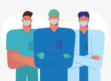 Tıbbi maske takan profesyonel erkek doktorlar.