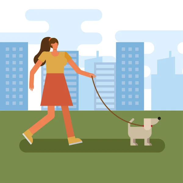 Joven mujer caminando con mascota practicando actividad carácter — Vector de stock