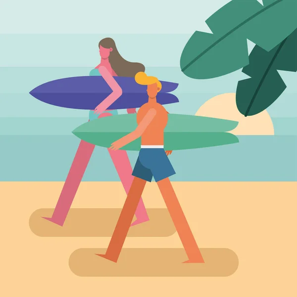 Giovane coppia che indossa costumi da bagno a piedi con personaggi tavole da surf — Vettoriale Stock