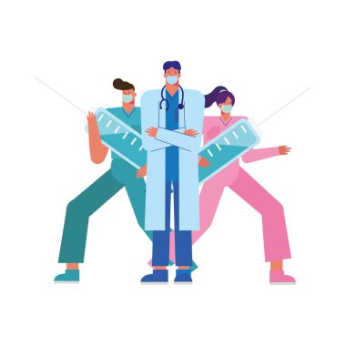 Profesyonel doktorlar enjeksiyonlu tıbbi maske takıyor.