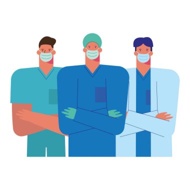 Tıbbi maske takan profesyonel erkek doktorlar.