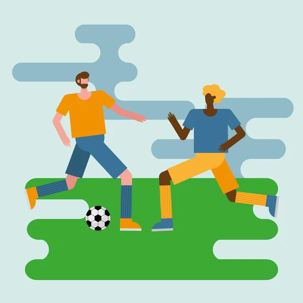 Junge Männer, die Fußball spielen, üben Aktivität Charaktere — Stockvektor