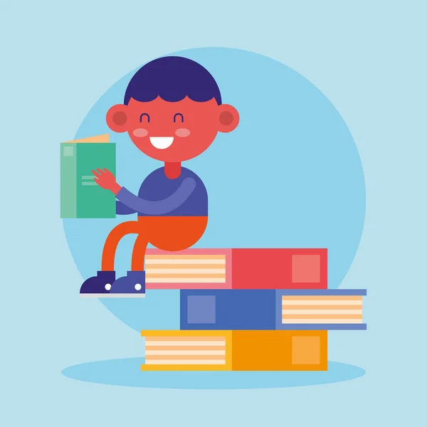 Malý student chlapec s knihami komický charakter — Stockový vektor