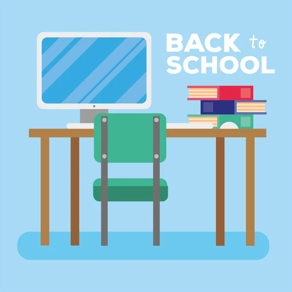Powrót do pisowni szkolnej z biurkiem i książkami — Wektor stockowy