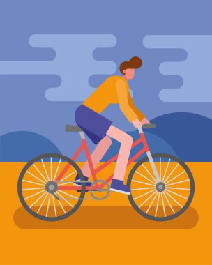 Genç adam bisiklete biniyor, hareketli karakter çalışıyor.