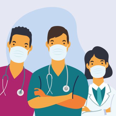 Tıbbi maske takan genç doktorlar.