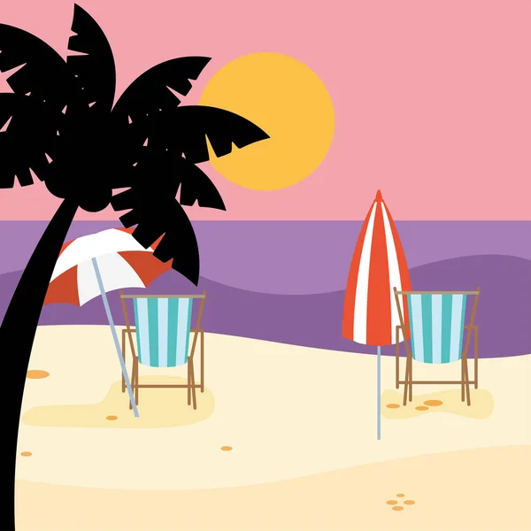 Distanciation sur les chaises longues et parasols scène de paysage marin — Image vectorielle