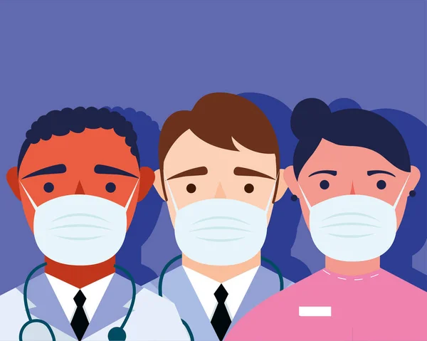 Jeunes médecins du personnel masculin portant des masques médicaux personnages — Image vectorielle