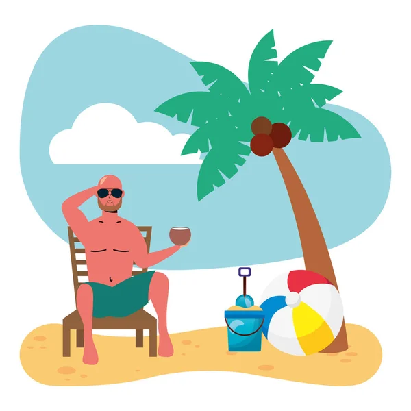 Homem vestindo maiô sentado na cadeira de praia comendo coco —  Vetores de Stock