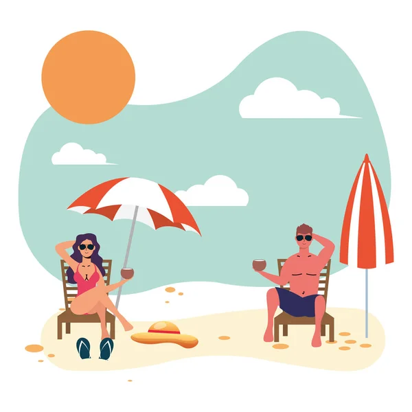 坐在海滩椅子上练习社交距离的夫妻 — 图库矢量图片