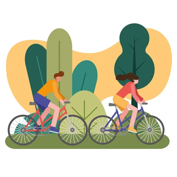 Giovane coppia biciclette cavalcare personaggi sportivi — Vettoriale Stock