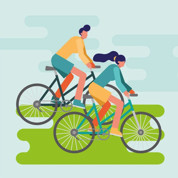 年轻情侣骑单车运动的角色 — 图库矢量图片