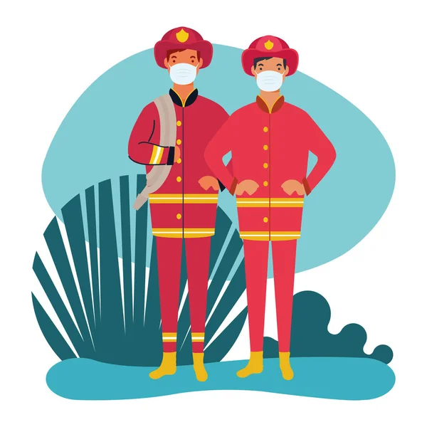 Brandmän som bär medicinsk mask tecken — Stock vektor