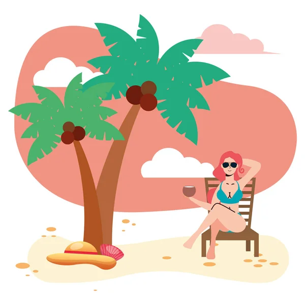 Красива жінка в купальнику, що сидить на пляжному стільці, їсть кокос — стоковий вектор