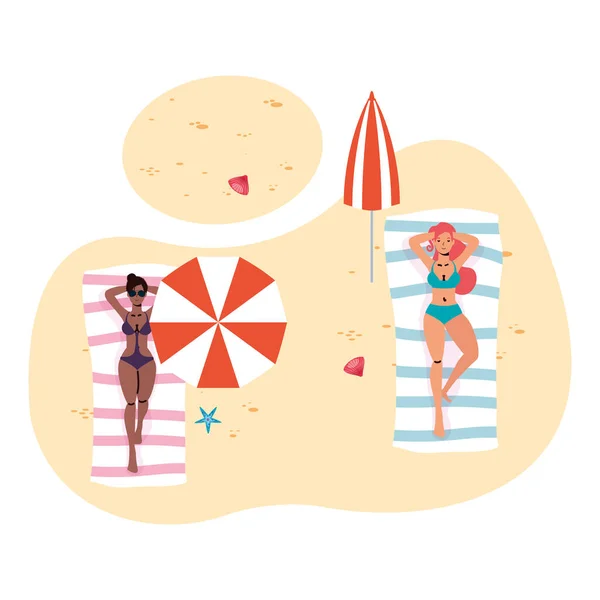 在海滩上练习社交距离的跨种族女性 — 图库矢量图片