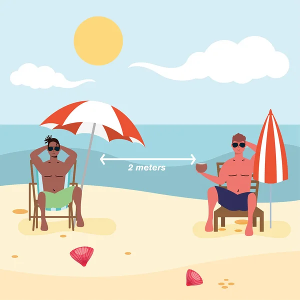 Hombres interracial en la playa practicando la distancia social — Vector de stock