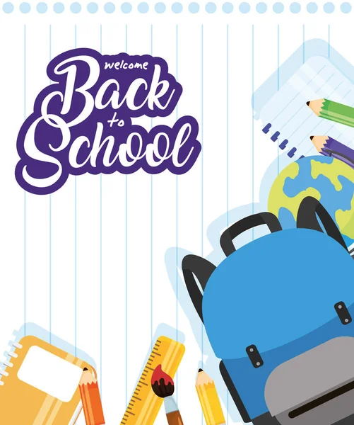 Powrót do plakatu szkolnego z torbą szkolną i materiałami — Wektor stockowy