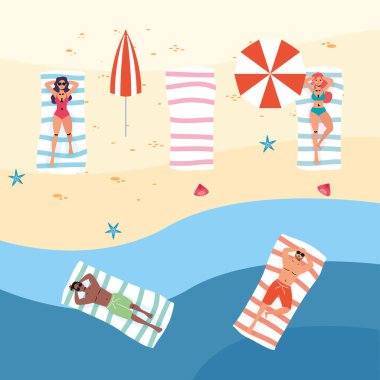 Sahildeki ırklar arası insanlar sosyal mesafe alıştırması yapıyorlar.