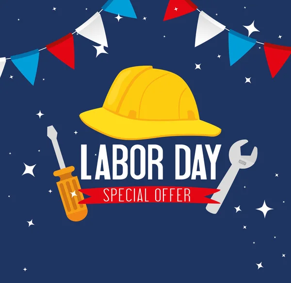 happy labor day holiday banner with helmet secure protection and tools construction