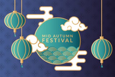 Sonbahar ortası festival afişi. Lambaları asılı ve bulutları var.