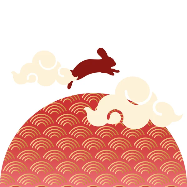 円形の波とウサギのいる中秋節 — ストックベクタ