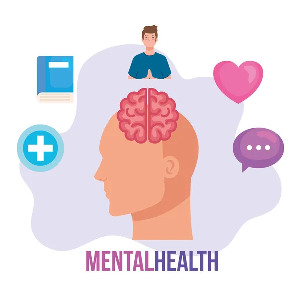 Mental health concept, and human profile with health icons — Stock Vector