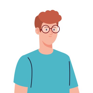 Beyaz arka planda gözlüklü genç adam.