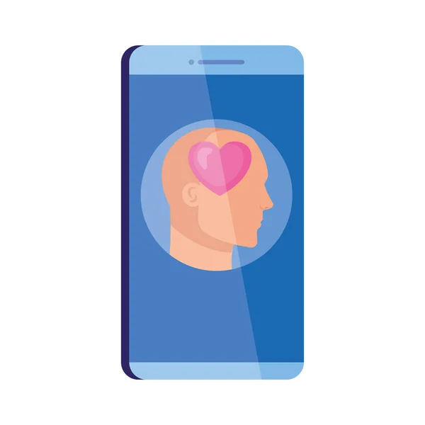 Mental health assistance online in smartphone, human profile with heart, on white background — Stock Vector