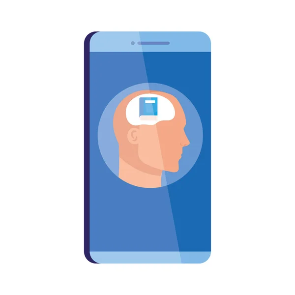 Geestelijke gezondheidszorg online in smartphone, menselijk profiel met boek, op witte achtergrond — Stockvector