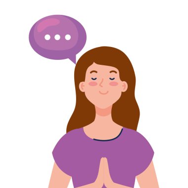 Beyaz arka planda konuşma balonu olan meditasyon yapan kadın.
