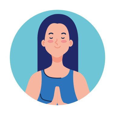 Beyaz arka planda, çerçeve dairesindeki meditasyon yapan kadın.