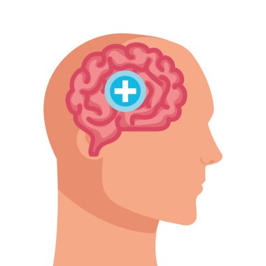 Beyin ve çapraz sembollü insan profili silueti, beyaz arka planda zihin pozitif