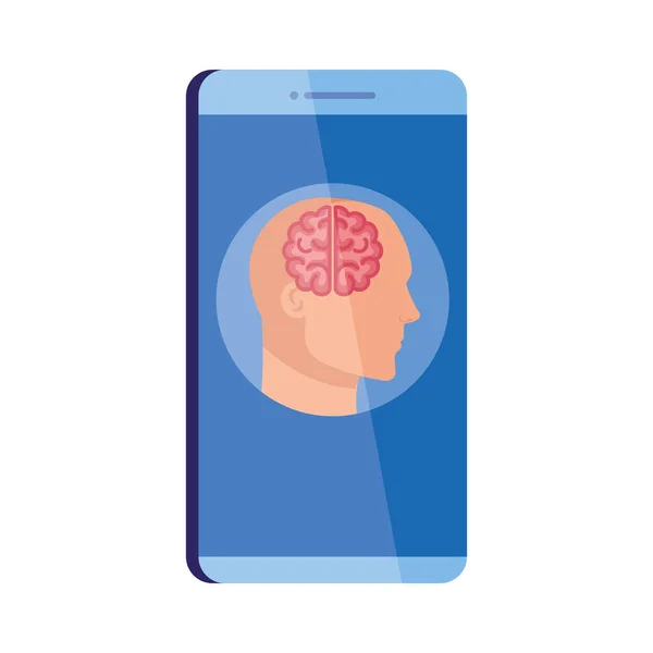 Mental health assistance online in smartphone, silhouette of human profile with brain, on white background — Stock Vector