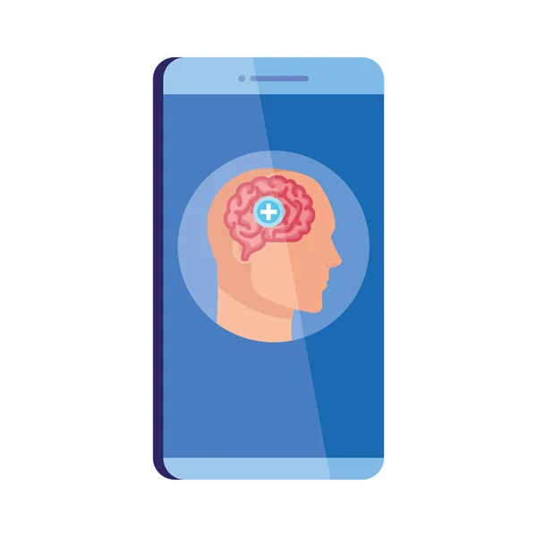 Mental health assistance online in smartphone, human profile with brain and cross symbol, mind positive on white background — Stock Vector