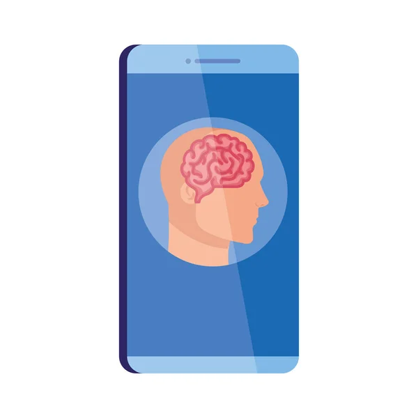 Mental health assistance online in smartphone, silhouette of human profile with brain, on white background — Stock Vector