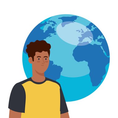 Beyaz arka planda dünya gezegeni olan genç bir afro.