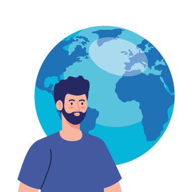 Beyaz arka planda dünya gezegenine sahip genç adam.