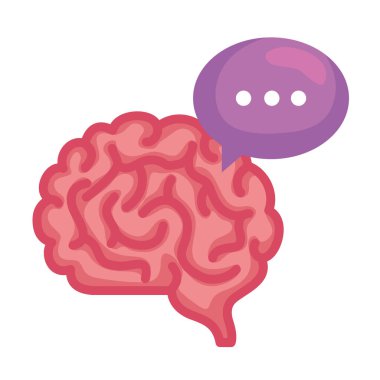 Konuşma baloncuğu olan insan beyni, beyaz arka planda düşünen beyin.