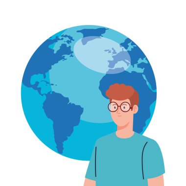 Genç adam beyaz arka planda dünya gezegenli gözlük kullanıyor.