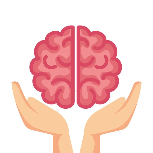 Manos que sostienen el cerebro, símbolo de salud mental — Vector de stock