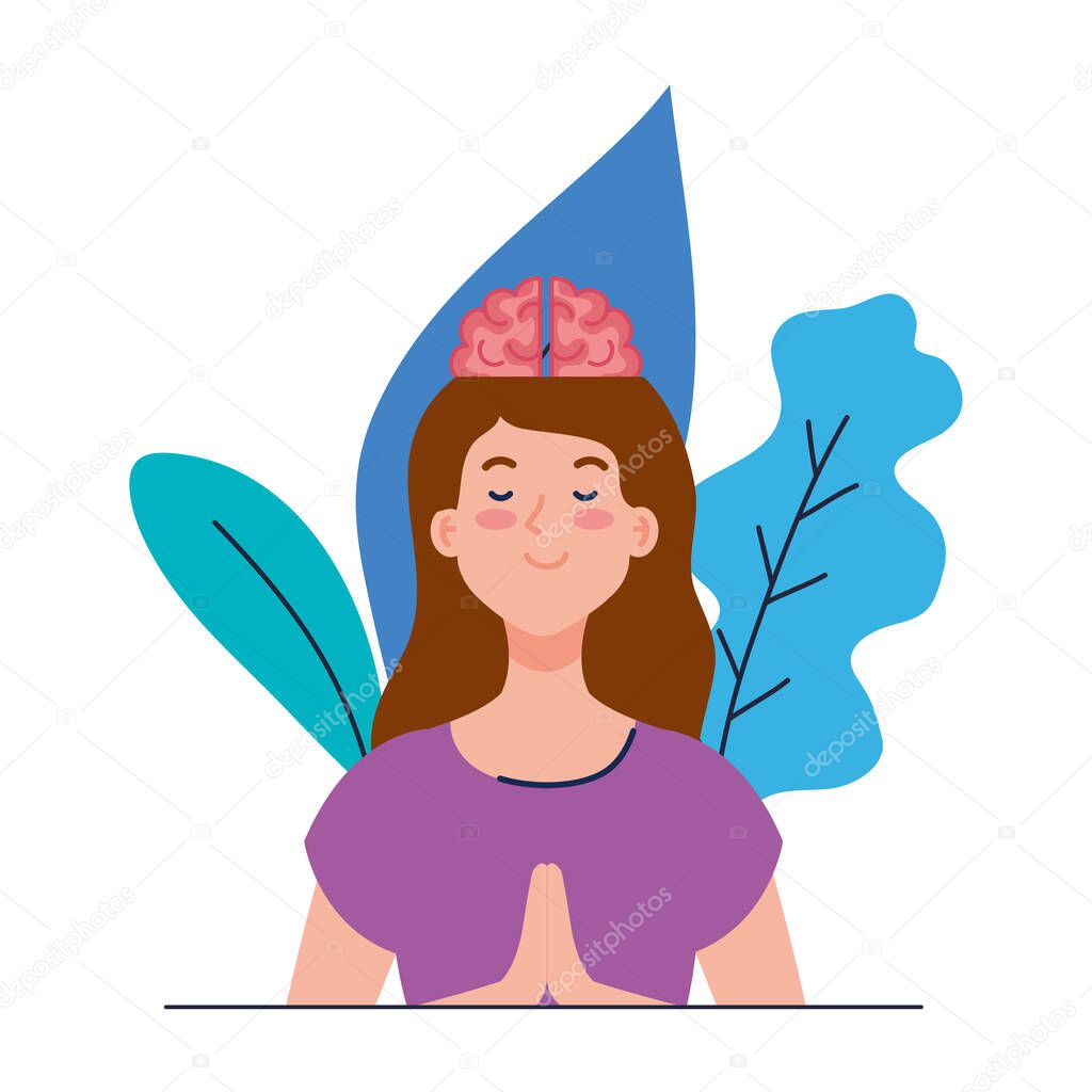 meditating woman with brain icon, on white background