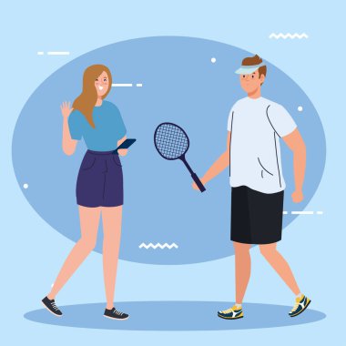 grup üyeleri aktiviteler yapıyor, erkek tenisçi ve kadın akıllı telefon kullanıyor