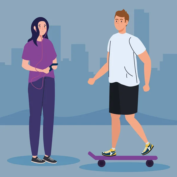 Ζευγάρι που εκτελούν υπαίθριες δραστηριότητες αναψυχής, ο άνθρωπος στο skateboard και η γυναίκα με smartphone — Διανυσματικό Αρχείο