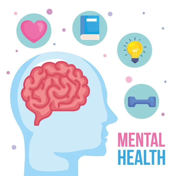 Mental health concept, and human profile with health icons — Stock Vector